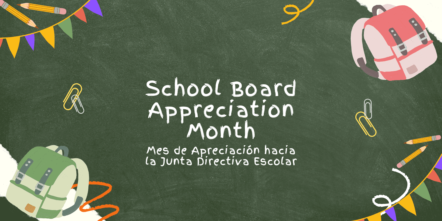 Graphic announcing School Board Appreciation Month with school supplies.